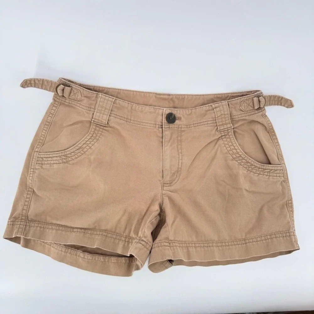 Athleta Organic Cotton Casual Khaki Shorts Side Tabs Casual Summer Size 4 Tan - Picture 7 of 7